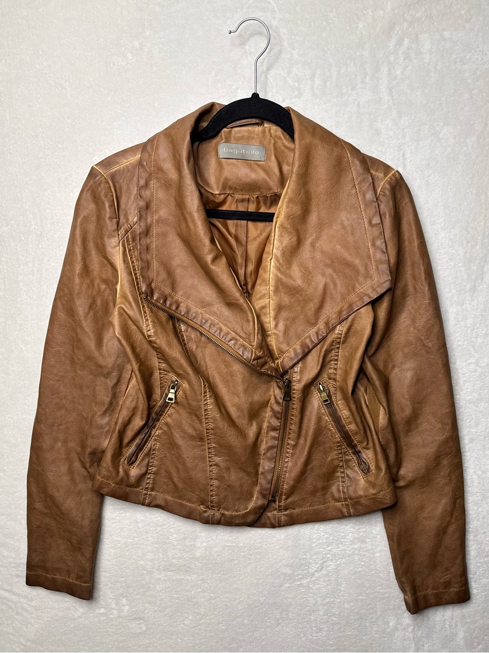 Bagatelle Tan Brown Faux Leather Asymmetrical Zip Women's Moto Jacket Small
